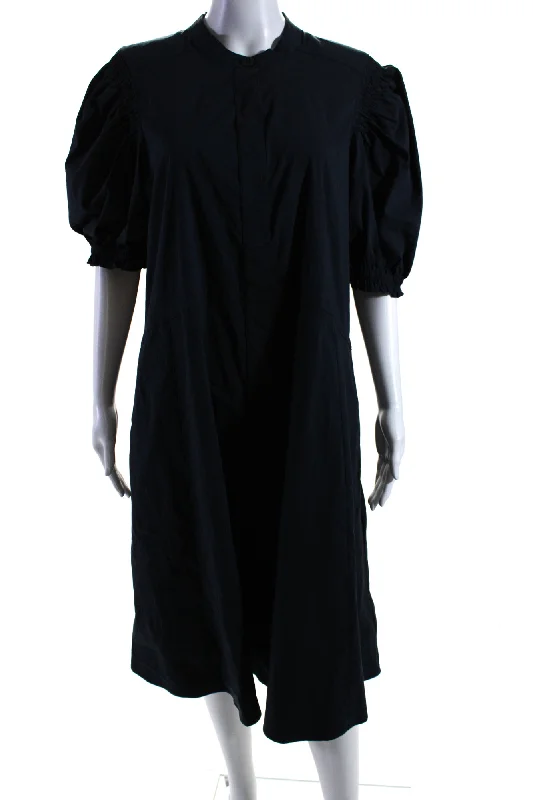 ladies-shirt-dress-halter-neck-Foil Womens Back In Business Puff Sleeve Midi Shirt Dress Navy Blue