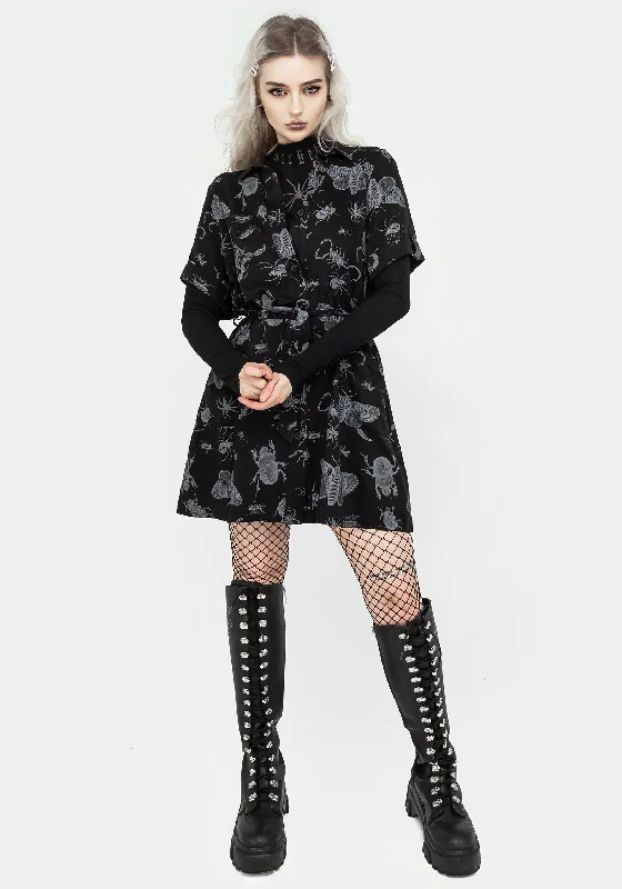 ladies-mini-dress-velvet-vibe-Parasite Bugs Short Sleeve Mini Shirt Dress - Black