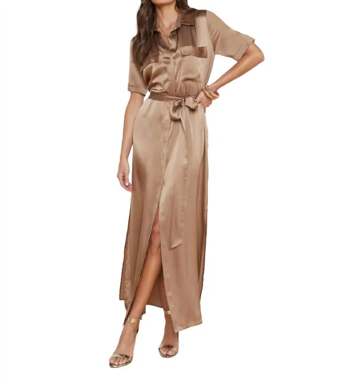 ladies-shirt-dress-button-front-Klement Silk Shirt Dress In Dark Cappuccino