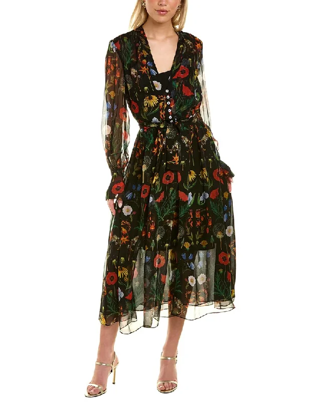 ladies-midi-dress-polka-prance-Oscar de la Renta Botanical Chiffon Silk Midi Dress