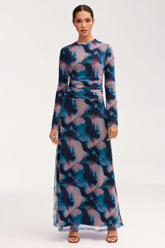 Women's maxi dress moon sweep -Adelina Rouched Maxi Dress - Blue Tie Dye