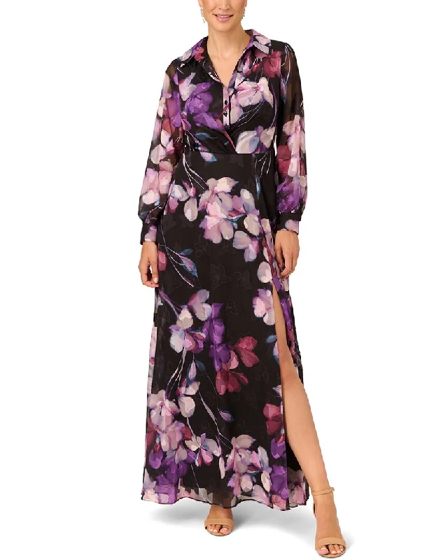 Women's maxi dress slit ripple -Adrianna Papell Soft Printed Maxi Dress