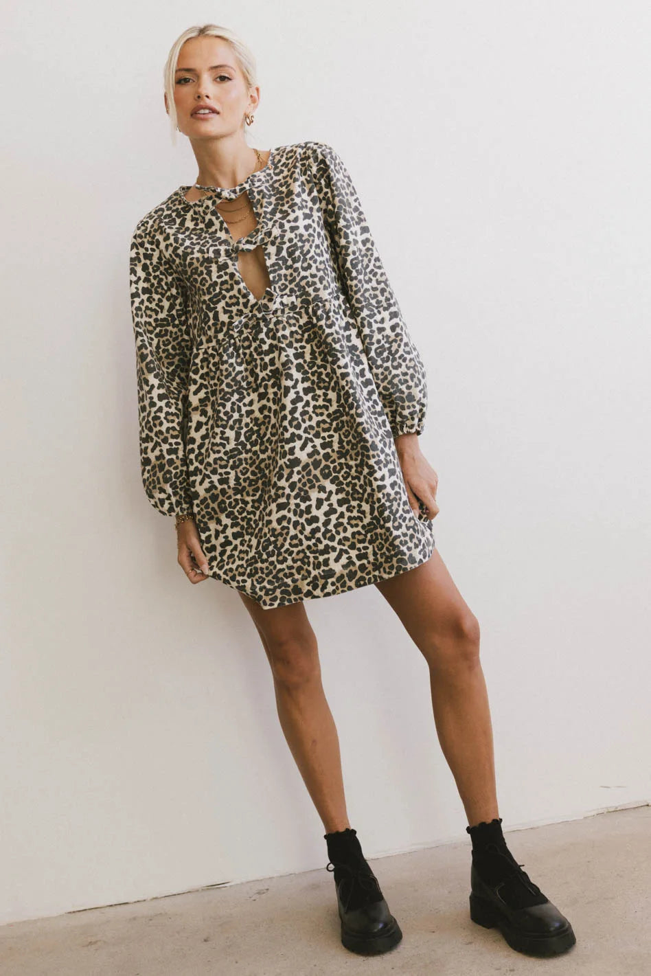 ladies-mini-dress-sustainable-snap-Tyler Peplum Mini Dress in Leopard