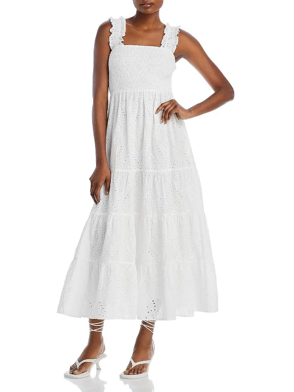 ladies-midi-dress-work-to-waltz-Womens Eyelet Smocked Midi Dress