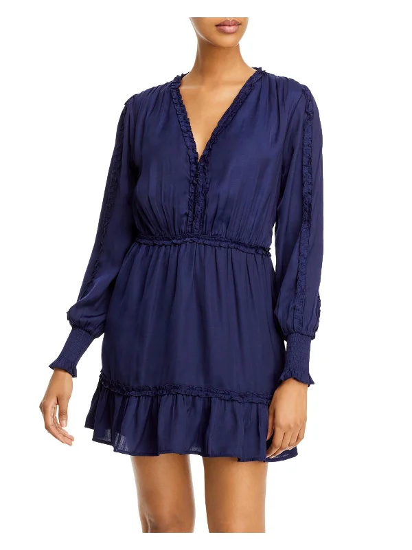 ladies-mini-dress-cap-sleeve-charm-Womens Ruffled V Neck Mini Dress