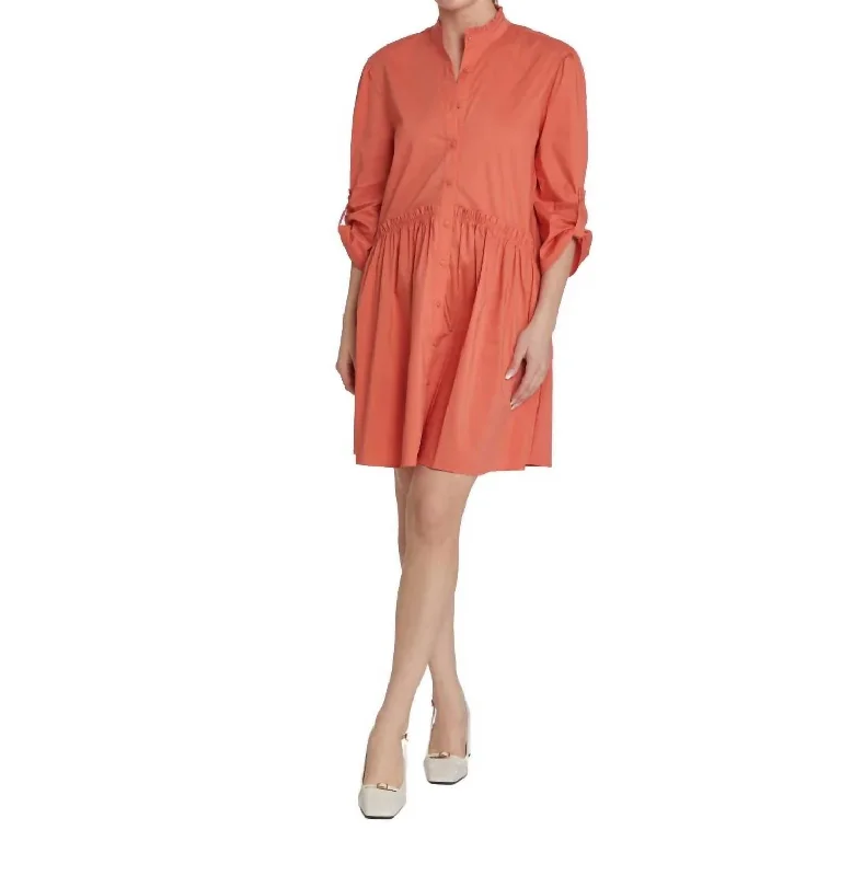 ladies-shirt-dress-fringe-trim-Cammie Ruffle Shirt Dress In Burnt Orange