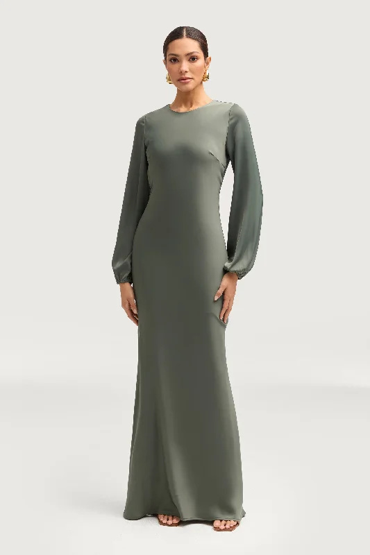 Women's maxi dress open breeze -Kamila Satin Maxi Dress - Sage