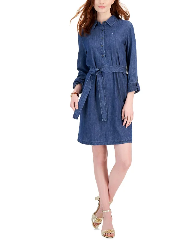 ladies-shirt-dress-sweetheart-neck-Womens Collar Belted Shirtdress