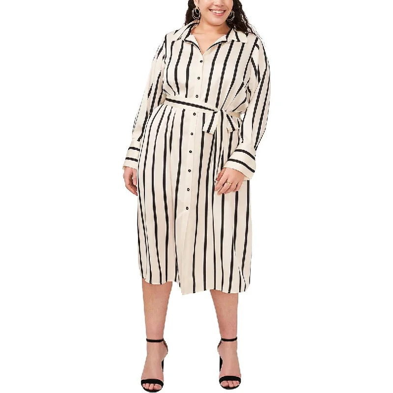 ladies-shirt-dress-bold-color-Plus Womens Striped Midi Shirtdress