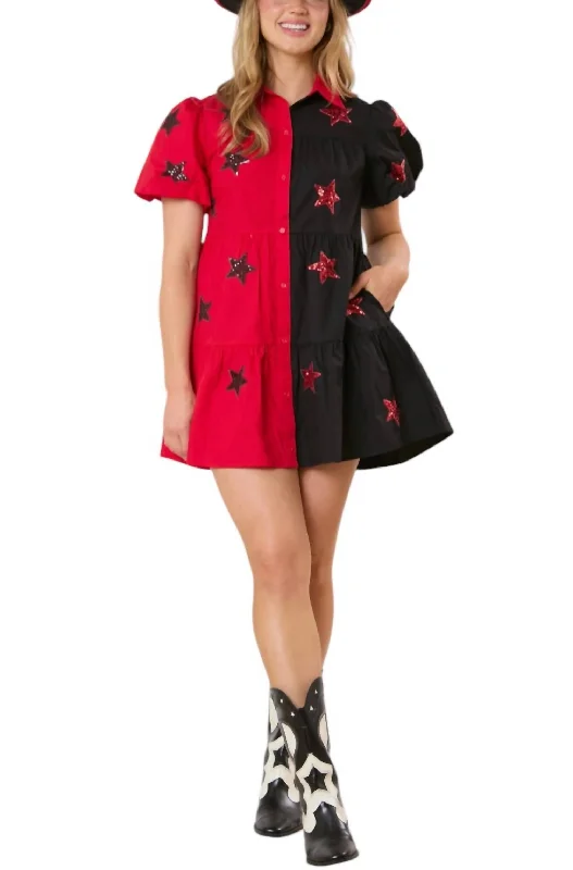 ladies-shirt-dress-petite-length-Star Sequins Embroidery Color Block Shirt Dress In Black/red