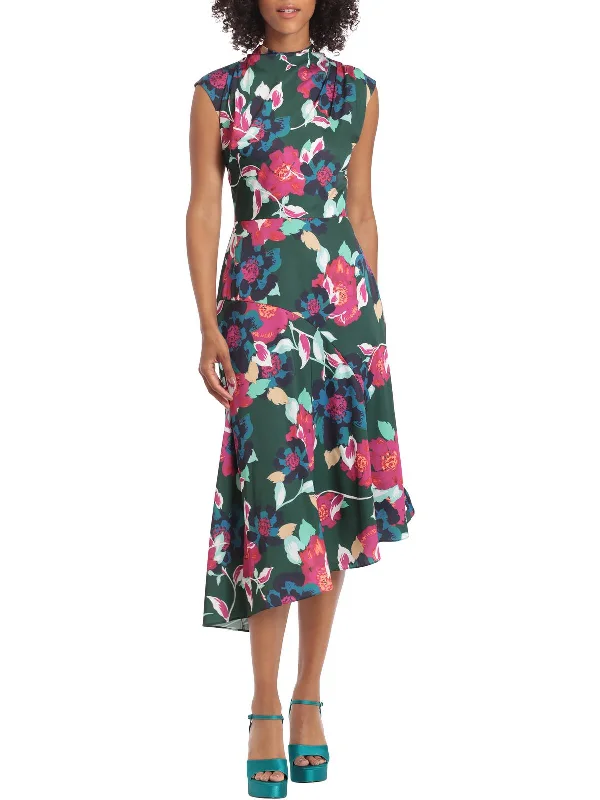 ladies-midi-dress-swingy-sway-Womens Floral Asymmetric Midi Dress