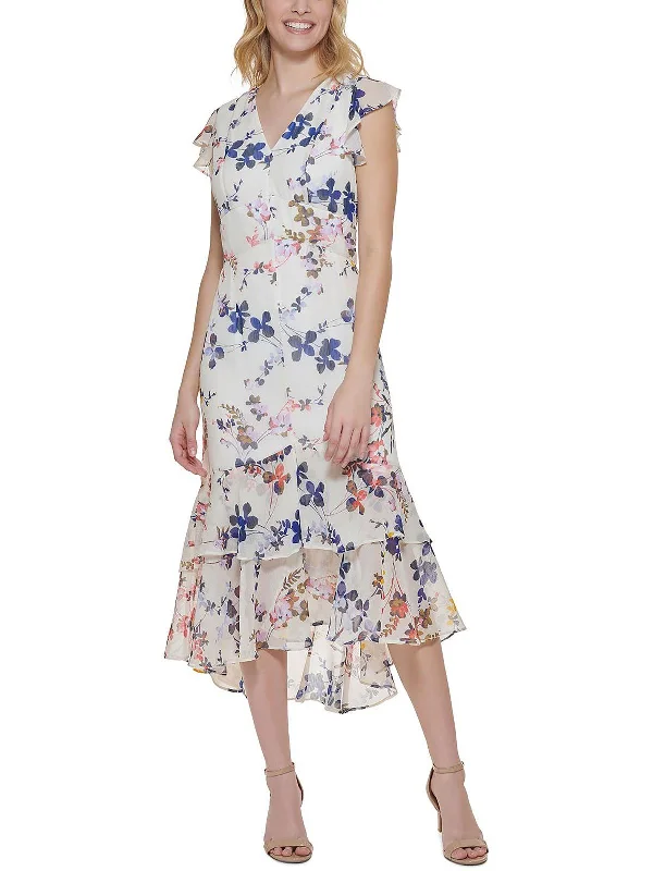 ladies-midi-dress-pink-paradise-Womens Floral Ruffled Midi Dress