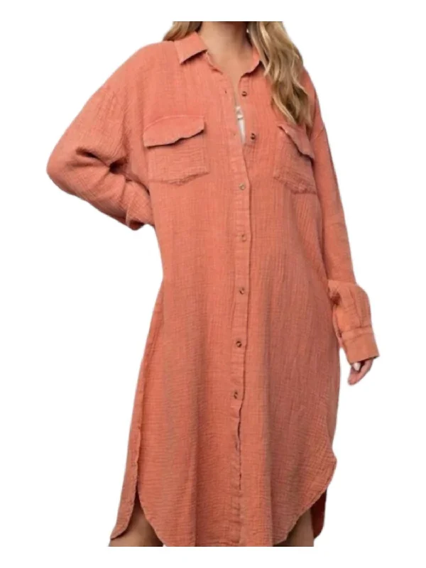 ladies-shirt-dress-coral-warmth-Cotton Gauze Below The Knee Shirt Dress In Pumpkin Mineral Washed