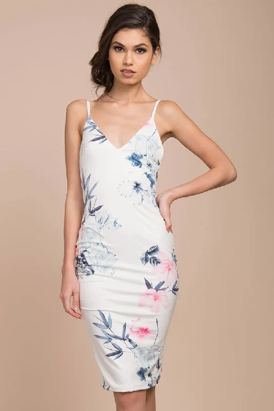 Women's bodycon dress travel -Angeline Floral Print Bodycon Dress White