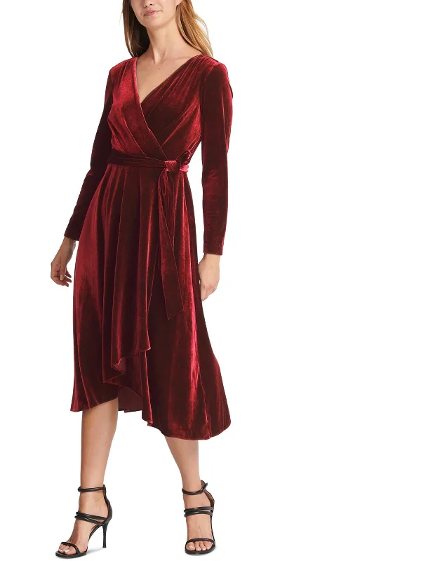 ladies-midi-dress-calf-length-chic-Womens Velvet Midi Wrap Dress