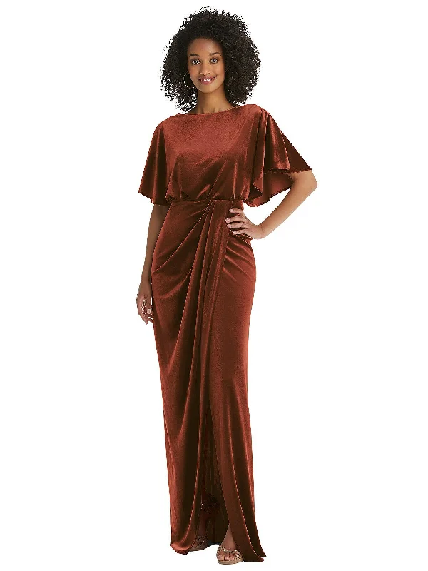 Women's maxi dress egg flow -Flutter Sleeve Open-Back Velvet Maxi Dress with Draped Wrap Skirt