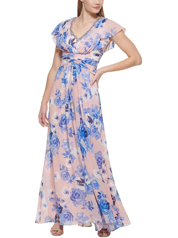 Women's maxi dress leaf ripple -Womens Floral Maxi Evening Dress