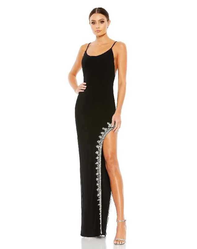 Women's bodycon dress cut out -Rhinestone Encrusted Side Slit Cami Bodycon Gown