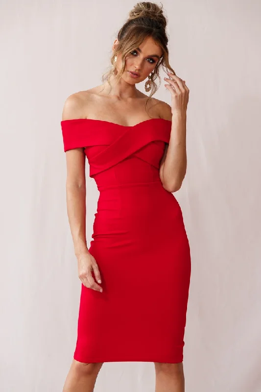 Women's bodycon dress baby shower -Corrine Elegant Off The Shoulder Bodycon Dress Red