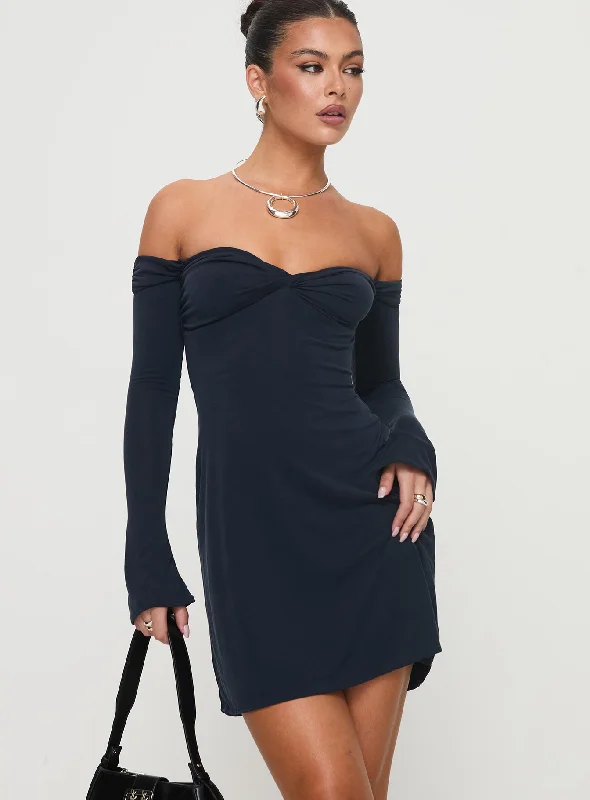 ladies-mini-dress-satin-swing-Suizie Off The Shoulder Mini Dress Navy