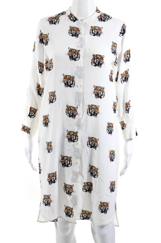 ladies-shirt-dress-swingy-flow-Stella McCartney Womens Silk Tiger Print Knee Length Shirt Dress White