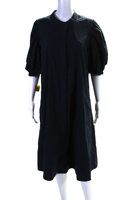 ladies-shirt-dress-date-night-Foil Womens Back In Business Puff Sleeve Midi Shirt Dress Navy Blue