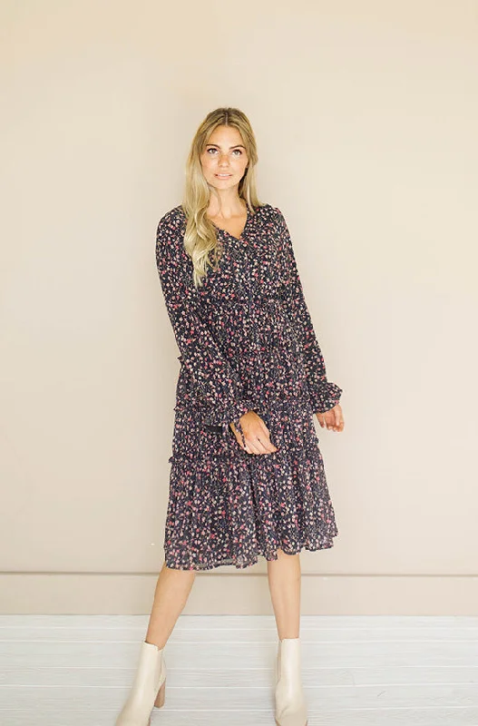 ladies-midi-dress-color-cascade-Becca Black Floral Midi Dress -  DM Exclusive - Nursing Friendly - Maternity Friendly - FINAL SALE