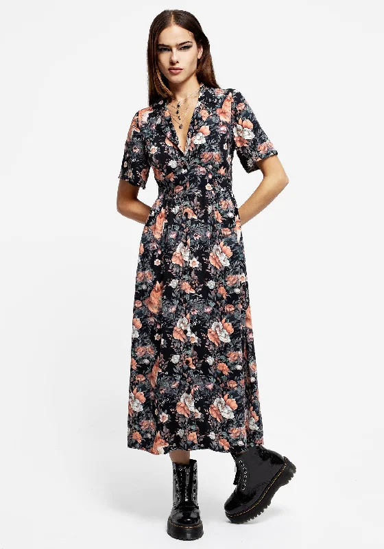 ladies-midi-dress-wine-whisper-Reynard Fox Floral Print Midi Shirt Dress