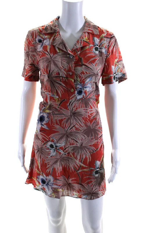 ladies-shirt-dress-boho-vibe-Valentino Womens Silk Floral Print Collared Button Up Shirt Dress Orange