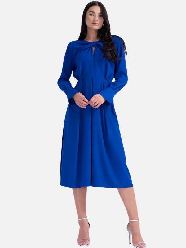 ladies-midi-dress-cocktail-chic-Electric Blue Midi Dress With Ring Detail and Pleats