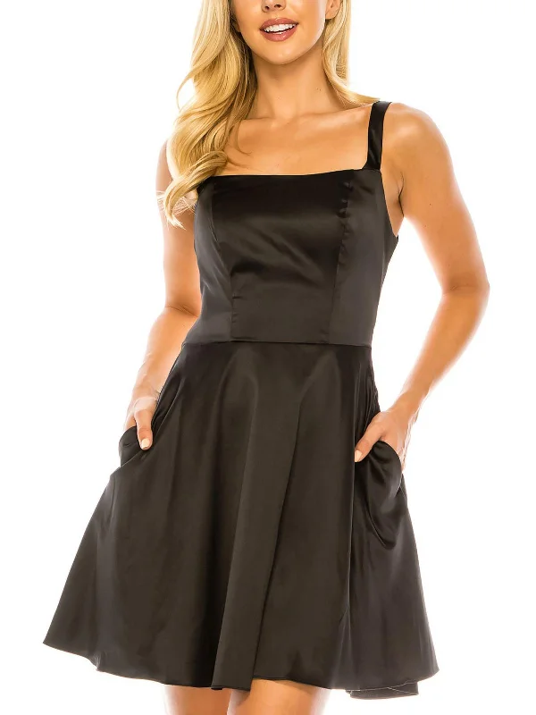 ladies-mini-dress-draped-dance-Juniors Womens Satin Mini Fit & Flare Dress