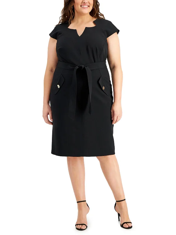 ladies-midi-dress-bell-sleeve-beauty-Plus Womens Split Neck Midi Sheath Dress