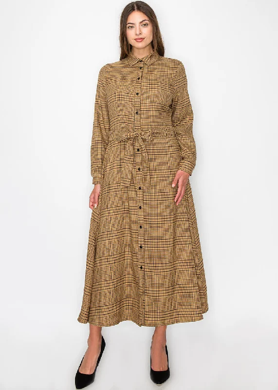 ladies-shirt-dress-metallic-shine-Camel Plaid Shirt Dress with Belt