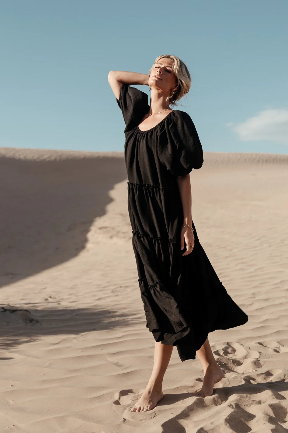 Women's maxi dress vow flow -Corinne Tiered Maxi Dress in Black - FINAL SALE