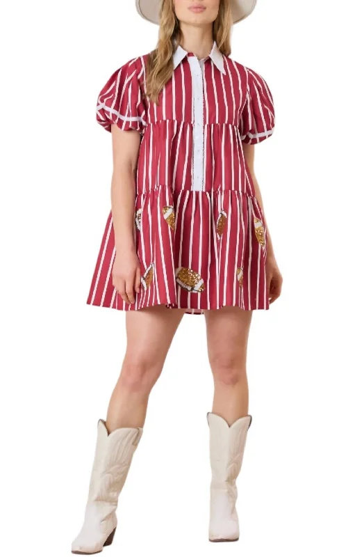 ladies-shirt-dress-sweetheart-neck-Game Day Sequin Footballs Stripe Shirt Dress In Crimson