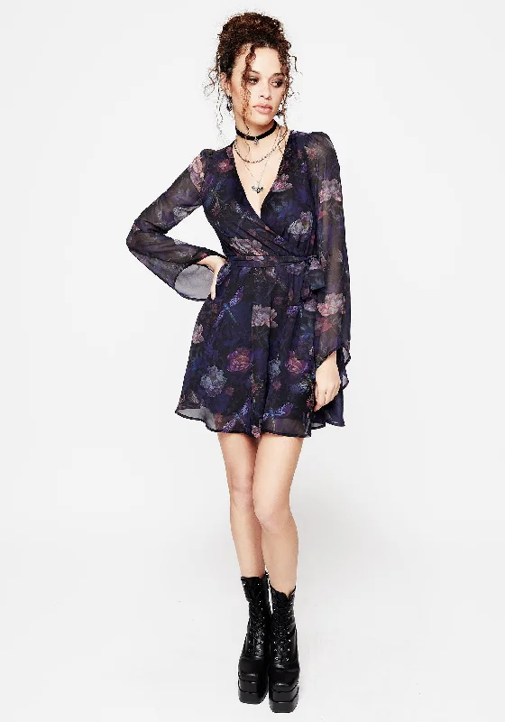 ladies-mini-dress-tiny-twist-Dragonfly Floral Print Flute Sleeve Chiffon Mini Dress