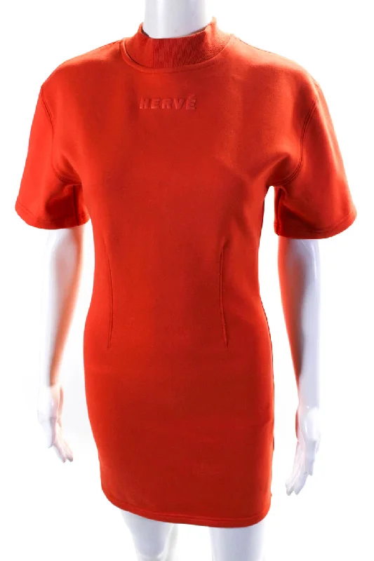 Women's bodycon dress plus size -Herve Leger Women's Round Neck Short Sleeves Bodycon Mini Dress Orange