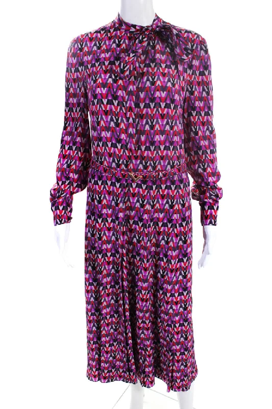 ladies-shirt-dress-white-clean-Valentino Womens Abstract Print Bow-Neck Maxi Shirt Dress Purple Red