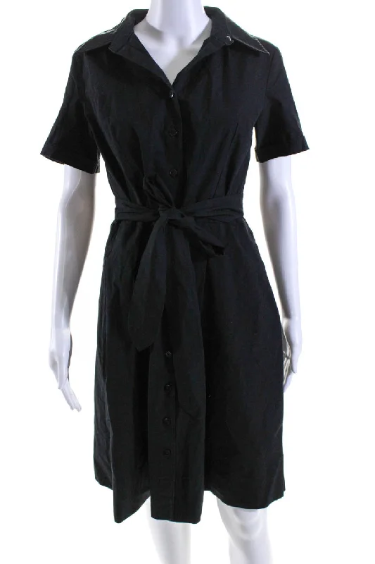 ladies-shirt-dress-ruffle-hem-Frances Valentine Womens Short Sleeve Belted A Line Shirt Dress Black