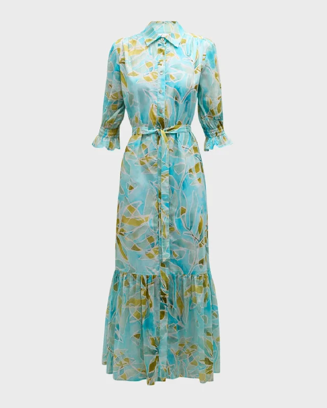 ladies-shirt-dress-ruched-skirt-Sienna Seaweed-Print Flounce Midi Shirtdress