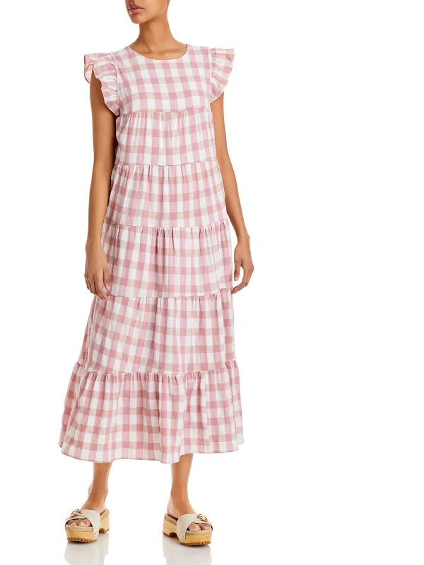 ladies-midi-dress-leather-lift-Womens Gingham Midi Babydoll Dress