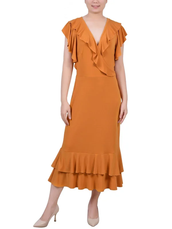 ladies-midi-dress-elegant-essence-Petites Womens Ruffled A-Line Midi Dress