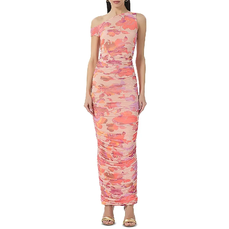 Women's bodycon dress wrap -Womens Floral Asymmetric Neckline Bodycon Dress