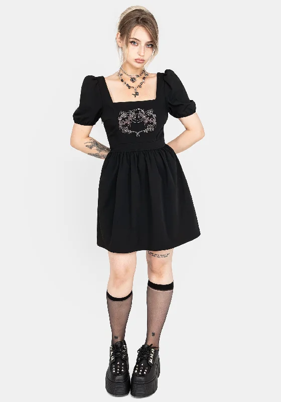 ladies-mini-dress-polka-pizzazz-Vampyrum Bat Embroidered Puff Sleeve Mini Dress