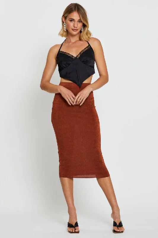 Women's bodycon dress zip up -Brown Midi Skirt Bodycon