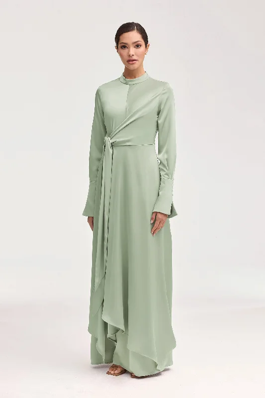 Women's maxi dress knot sweep -Serena Satin Side Tie Maxi Dress - Pistachio