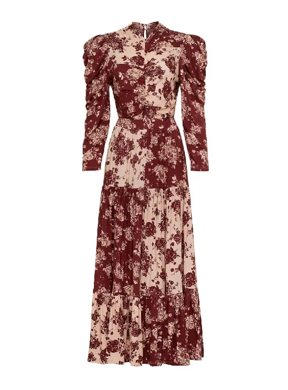 Women's maxi dress leaf ripple -Brie Knit Maxi Dress In Burgundy Floral