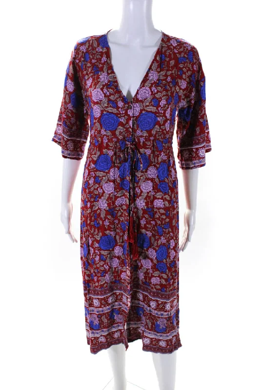 ladies-shirt-dress-casual-day-Arnhem Womens Floral Print Half Sleeve Button Down Midi Shirt Dress Red