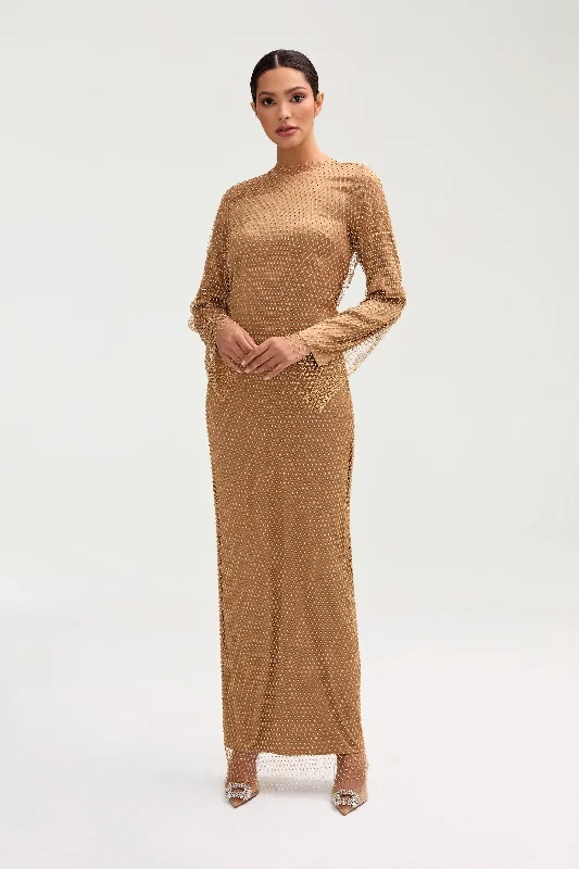 Women's maxi dress trim drift -Naila Satin Crystal Maxi Dress - Champagne