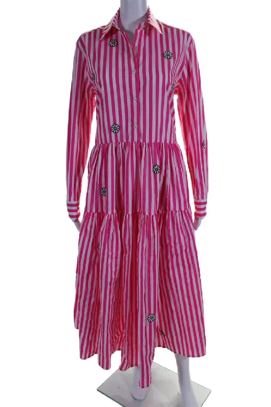 ladies-shirt-dress-high-waist-Mira Mikati Womens Cotton Daisy Beaded Pink Striped Poplin Shirt Dress